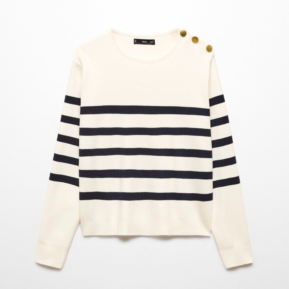 MANGO Sweater with shoulder buttons - Ecru/ Dark Navy Stripes - Women's Size XS